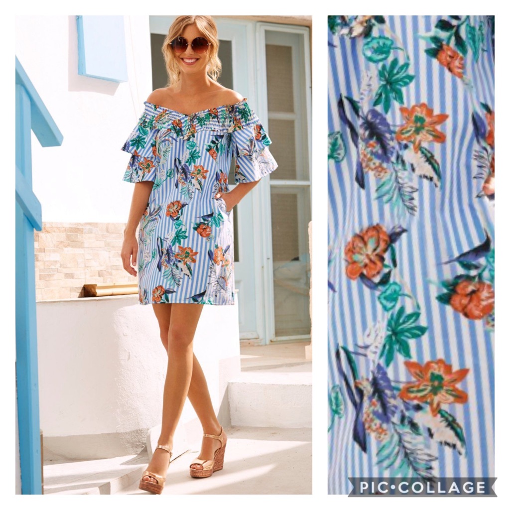 Boston Proper Blue Floral Off-Shoulder Dress